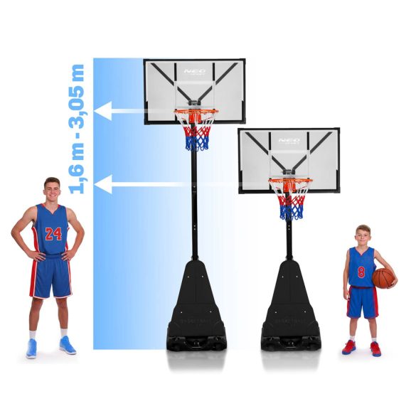 Kosárlabdapalánk, Neo-Sport NS-284, mobil, állítható, 160–305 cm magasság, szabadon álló, kerekekkel, acél váz, PVC palánk 110 x 70 cm, 45 cm gyűrű, 65 l tölthető talp