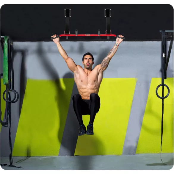 Húzódzkodó rúd, Neo-Sport NS-317, fekete/piros, mennyezeti, acél, csúszásmentes fogantyú, 90 kg teherbírás, 8 db-os rögzítőkészlet (TE131700)