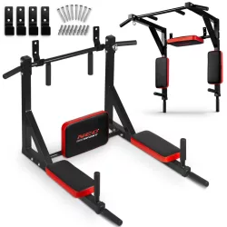   Húzódzkodó rúd, Neo-Sport NS-319, fekete/piros, falra szerelhető, háttámasszal, acél, csúszásmentes fogantyú, 150 kg teherbírás, 8 db-os rögzítőkészlet (TE131900)