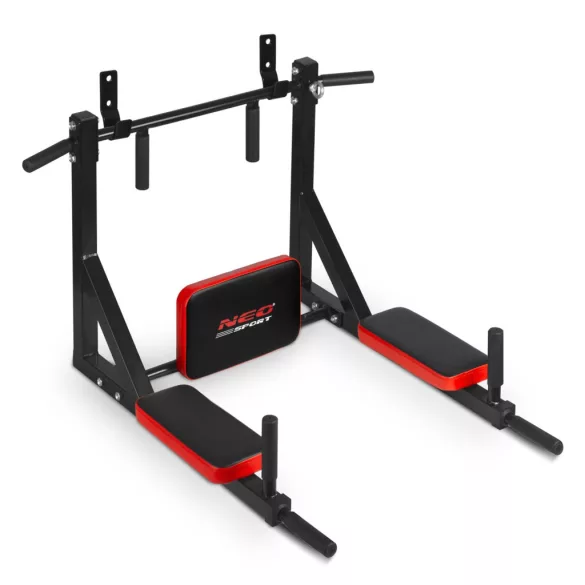 Húzódzkodó rúd, Neo-Sport NS-319, fekete/piros, falra szerelhető, háttámasszal, acél, csúszásmentes fogantyú, 150 kg teherbírás, 8 db-os rögzítőkészlet (TE131900)