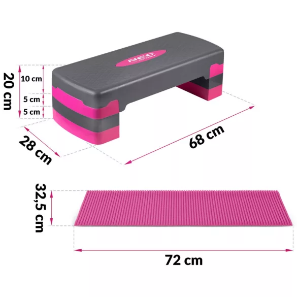 Aerobik lépcső, Neo-Sport, NS-400, rózsaszín, 28 × 68 × 20 cm, 3 szint, csúszásgátlós, vízálló, teherbírás: 200 kg teherbírás, csúszásgátló szőnyeggel (TE140001)