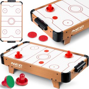 Léghoki asztal, Neo-Sport NS-421 Air Hockey, fehér, 61 x 32,5 x 14 cm, hordozható, légáram rendszer, 2 ütővel és 2 koronggal, analóg számláló, elemes (3 db AA)