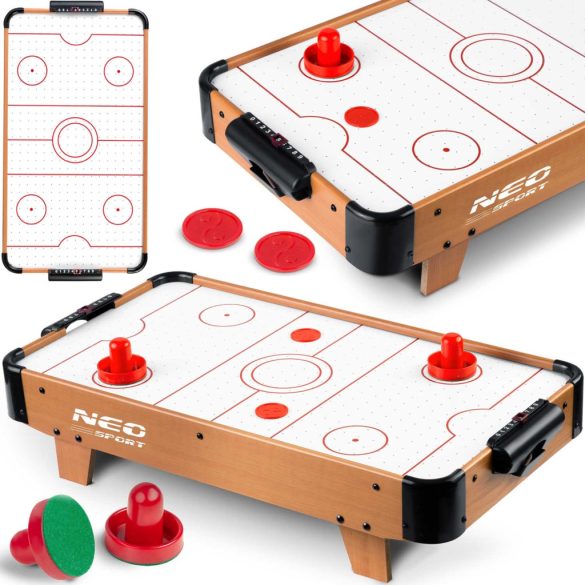 Léghoki asztal, Neo-Sport NS-421 Air Hockey, fehér, 61 x 32,5 x 14 cm, hordozható, légáram rendszer, 2 ütővel és 2 koronggal, analóg számláló, elemes (3 db AA)