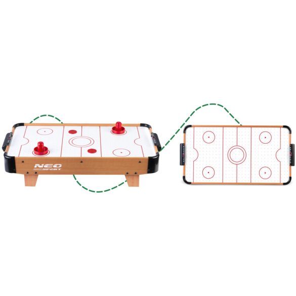 Léghoki asztal, Neo-Sport NS-421 Air Hockey, fehér, 61 x 32,5 x 14 cm, hordozható, légáram rendszer, 2 ütővel és 2 koronggal, analóg számláló, elemes (3 db AA)