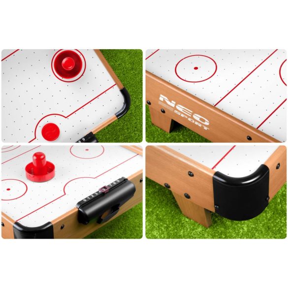 Léghoki asztal, Neo-Sport NS-421 Air Hockey, fehér, 61 x 32,5 x 14 cm, hordozható, légáram rendszer, 2 ütővel és 2 koronggal, analóg számláló, elemes (3 db AA)