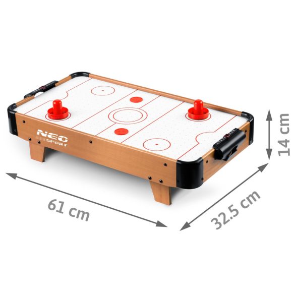 Léghoki asztal, Neo-Sport NS-421 Air Hockey, fehér, 61 x 32,5 x 14 cm, hordozható, légáram rendszer, 2 ütővel és 2 koronggal, analóg számláló, elemes (3 db AA)