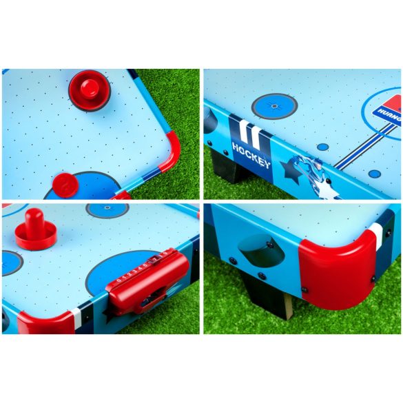 Léghoki asztal, Neo-Sport NS-422 Air Hockey, világoskék, 61 x 32,5 x 14 cm, hordozható, légáram rendszer, 2 ütővel és 2 koronggal, analóg számláló, elemes (3 db AA)