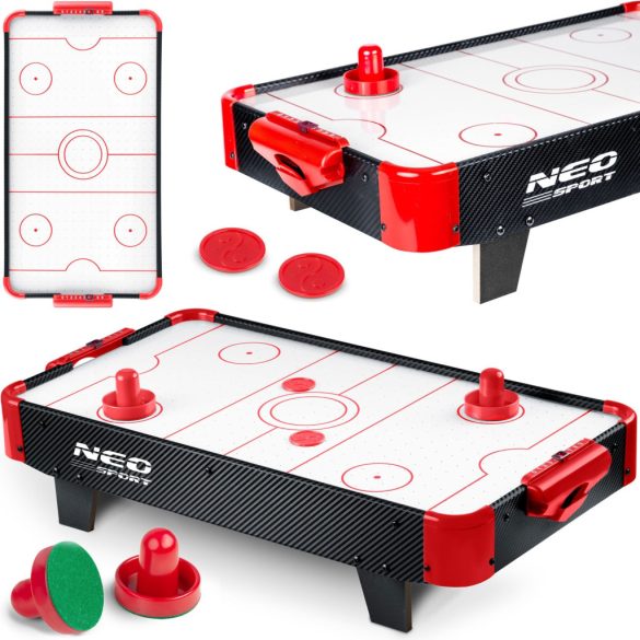Léghoki asztal, Neo-Sport NS-423 Air Hockey, fehér, 61 x 32,5 x 14 cm, hordozható, légáram rendszer, 2 ütővel és 2 koronggal, analóg számláló, elemes (3 db AA)