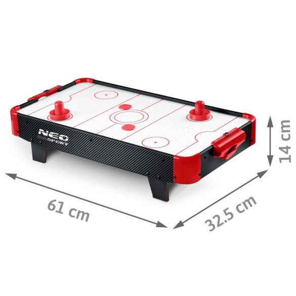 Léghoki asztal, Neo-Sport NS-423 Air Hockey, fehér, 61 x 32,5 x 14 cm, hordozható, légáram rendszer, 2 ütővel és 2 koronggal, analóg számláló, elemes (3 db AA)