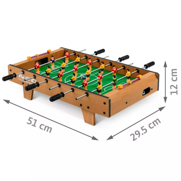 Csocsóasztal, Neo-Sport NS-436, zöld, 51 x 29,5 x 12 cm, hordozható, 18 játékos, 2 labda, 6 krómozott rúd, csúszásgátló fogantyúk, kézi számláló