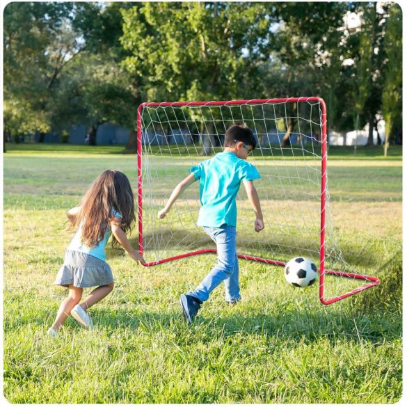 Futballkapu, Neo-Sport NS-450, 183 x 122 x 61 cm, 2 db, piros keret, fehér PE háló, fém váz, időjárásálló, 4 db rögzítő, könnyű kivitel, szerszám nélkül összeszerelhető