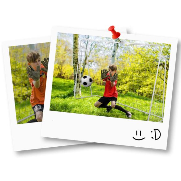 Futballkapu, Neo-Sport, 300 × 200 × 120 cm, fehér keret, fehér PE háló, fém váz, időjárásálló, 6 db rögzítő, könnyű kivitel, szerszám nélkül összeszerelhető