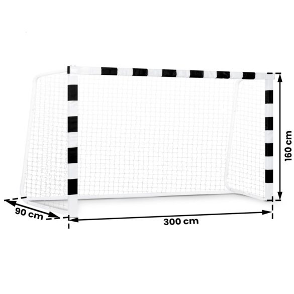 Futballkapu, Neo-Sport NS-460, 300 x 160 x 90 cm, fekete-fehér, fehér PE háló, fém váz, időjárásálló, keretvédő fedéllel, szerszám nélkül összeszerelhető