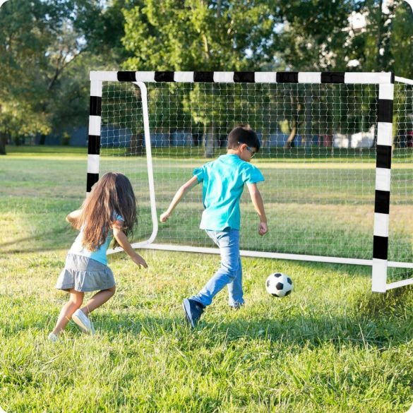Futballkapu, Neo-Sport NS-460, 300 x 160 x 90 cm, fekete-fehér, fehér PE háló, fém váz, időjárásálló, keretvédő fedéllel, szerszám nélkül összeszerelhető