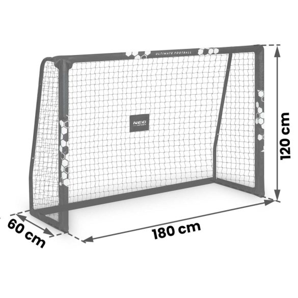Futballkapu, Neo-Sport NS-462, 180 x 120 x 60 cm, fekete keret, fekete PE háló, fém váz, időjárásálló, keretvédő fedéllel, szerszám nélkül összeszerelhető