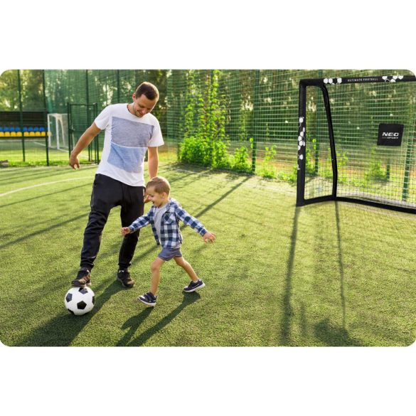 Futballkapu, Neo-Sport NS-462, 180 x 120 x 60 cm, fekete keret, fekete PE háló, fém váz, időjárásálló, keretvédő fedéllel, szerszám nélkül összeszerelhető