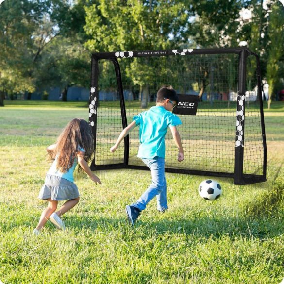 Futballkapu, Neo-Sport NS-462, 180 x 120 x 60 cm, fekete keret, fekete PE háló, fém váz, időjárásálló, keretvédő fedéllel, szerszám nélkül összeszerelhető
