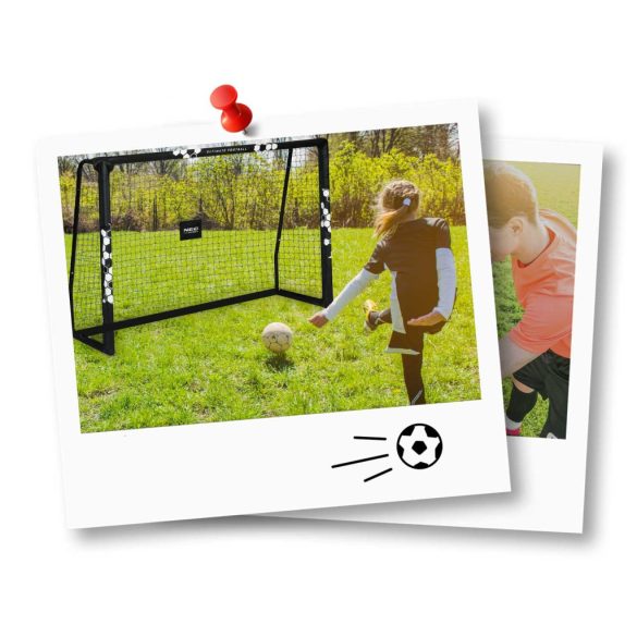 Futballkapu, Neo-Sport NS-462, 180 x 120 x 60 cm, fekete keret, fekete PE háló, fém váz, időjárásálló, keretvédő fedéllel, szerszám nélkül összeszerelhető