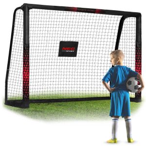 Futballkapu, Neo-Sport NS-463, 180 x 120 x 60 cm, fekete-piros, fekete PE háló, fém váz, időjárásálló, keretvédő fedéllel, szerszám nélkül összeszerelhető