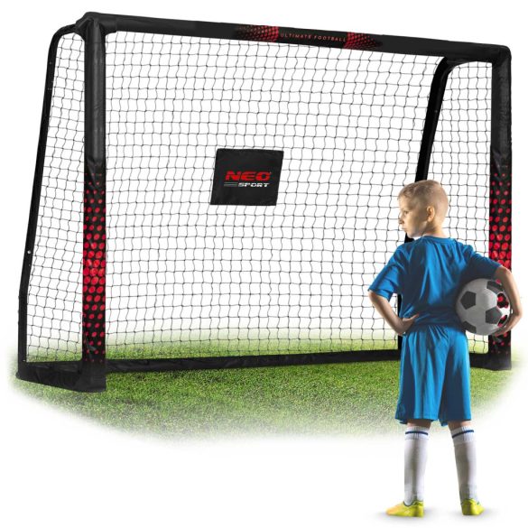 Futballkapu, Neo-Sport NS-463, 180 x 120 x 60 cm, fekete-piros, fekete PE háló, fém váz, időjárásálló, keretvédő fedéllel, szerszám nélkül összeszerelhető