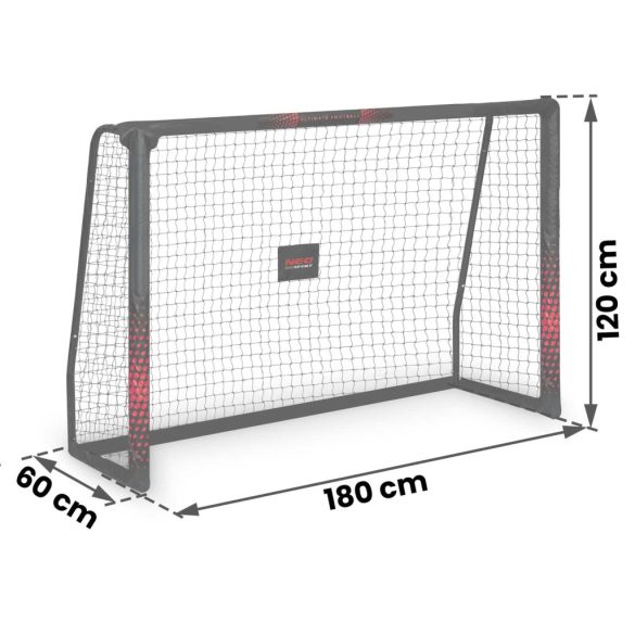 Futballkapu, Neo-Sport NS-463, 180 x 120 x 60 cm, fekete-piros, fekete PE háló, fém váz, időjárásálló, keretvédő fedéllel, szerszám nélkül összeszerelhető