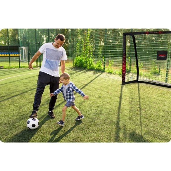 Futballkapu, Neo-Sport NS-463, 180 x 120 x 60 cm, fekete-piros, fekete PE háló, fém váz, időjárásálló, keretvédő fedéllel, szerszám nélkül összeszerelhető