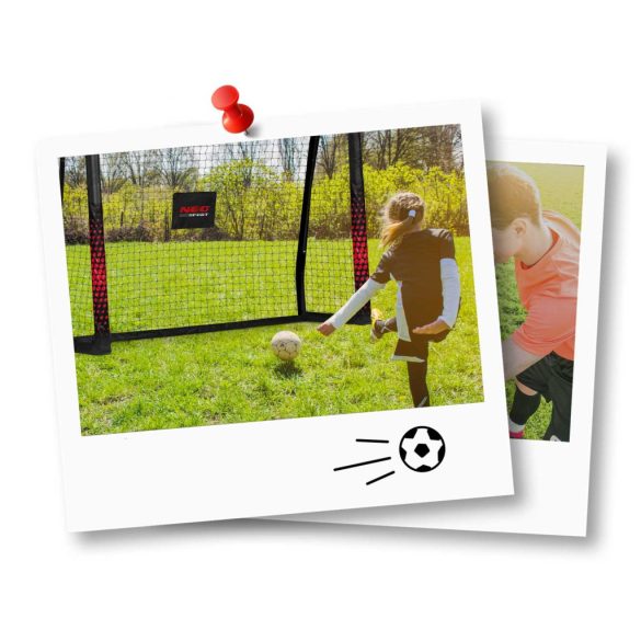 Futballkapu, Neo-Sport NS-463, 180 x 120 x 60 cm, fekete-piros, fekete PE háló, fém váz, időjárásálló, keretvédő fedéllel, szerszám nélkül összeszerelhető