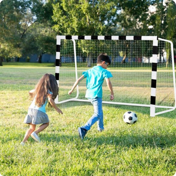 Futballkapu, Neo-Sport NS-464, 180 x 120 x 60 cm, fekete-fehér, fehér PE háló, fém váz, időjárásálló, keretvédő fedéllel, szerszám nélkül összeszerelhető