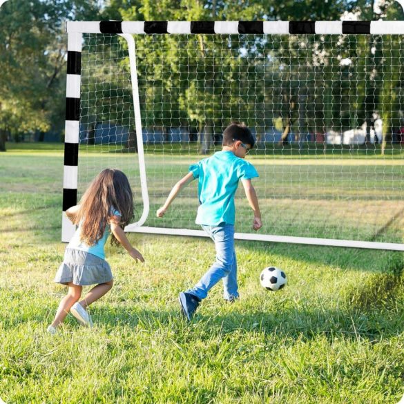 Futballkapu, Neo-Sport NS-465, 300 x 200 x 120 cm, fekete-fehér, fehér PE háló, fém váz, időjárásálló, keretvédő fedéllel, szerszám nélkül összeszerelhető