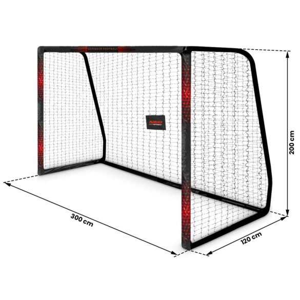 Futballkapu, Neo-Sport NS-473, 300 x 200 x 120 cm, fekete-piros, fekete PE háló, fém váz, időjárásálló, keretvédő fedéllel, szerszám nélkül összeszerelhető