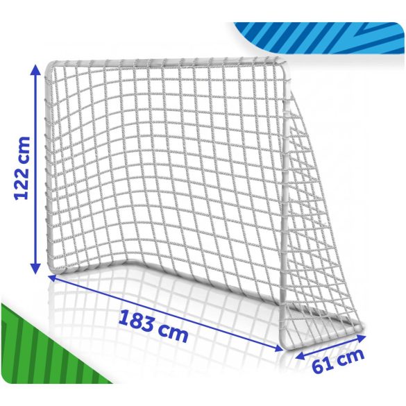 Futballkapu, Neo-Sport NS-485, 183 x 122 x 61 cm, 2 db, fehér keret, fehér PE háló, fém váz, időjárásálló, 4 db rögzítő, szerszám nélkül összeszerelhető