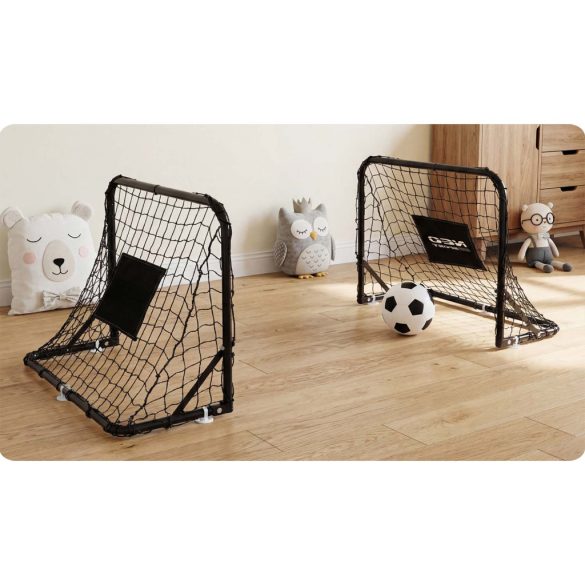 Futballkapu, Neo-Sport NS-486, 60 x 45 x 25 cm, 2 db, fekete keret, fekete PE háló, műanyag váz, időjárásálló, 6 db rögzítő, 1 labda, 1 pumpa, szerszám nélkül összeszerelhető
