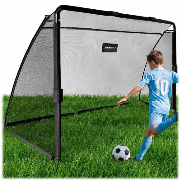 Futballkapu, Neo-Sport NS-487, 180 x 120 x 60 cm, fekete keret, fekete PE háló, fém váz, időjárásálló, keretvédő fedéllel, szerszám nélkül összeszerelhető