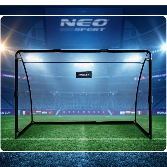 Futballkapu, Neo-Sport NS-487, 180 x 120 x 60 cm, fekete keret, fekete PE háló, fém váz, időjárásálló, keretvédő fedéllel, szerszám nélkül összeszerelhető