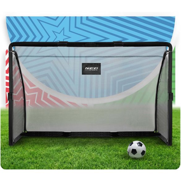Futballkapu, Neo-Sport NS-487, 180 x 120 x 60 cm, fekete keret, fekete PE háló, fém váz, időjárásálló, keretvédő fedéllel, szerszám nélkül összeszerelhető
