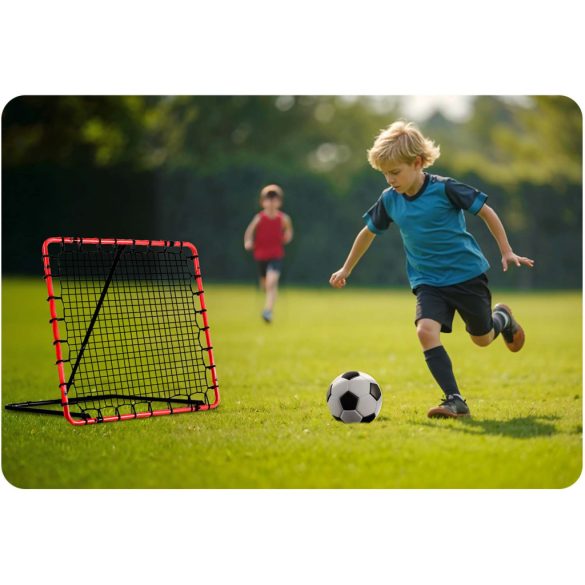 Visszapattanó futball edzőkapu, Neo-Sport, 120 x 120 cm, piros keret, fekete PE háló, fém váz, időjárásálló, 4 db rögzítő