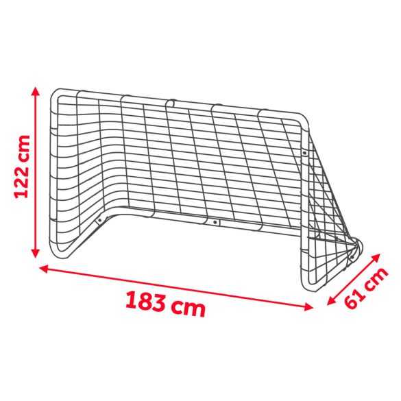Futballkapu, Neo-Sport NS-492, 183 x 122 x 61 cm, fekete keret, fehér PE háló, fém váz, időjárásálló, 4 db rögzítő, könnyű kivitel, szerszám nélkül szerelhető