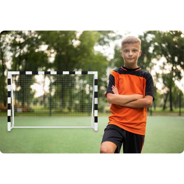 Futballkapu, Neo-Sport NS-465, 300 x 200 x 90 cm, fekete-fehér, fehér PE háló, fém váz, időjárásálló, keretvédő fedéllel, szerszám nélkül összeszerelhető
