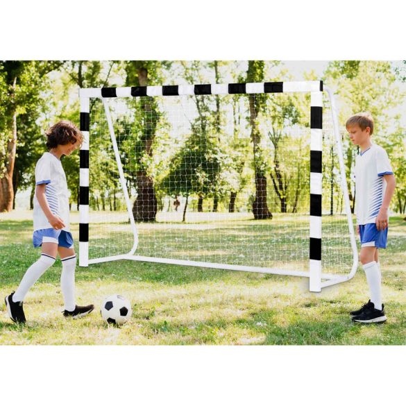 Futballkapu, Neo-Sport NS-465, 300 x 200 x 90 cm, fekete-fehér, fehér PE háló, fém váz, időjárásálló, keretvédő fedéllel, szerszám nélkül összeszerelhető