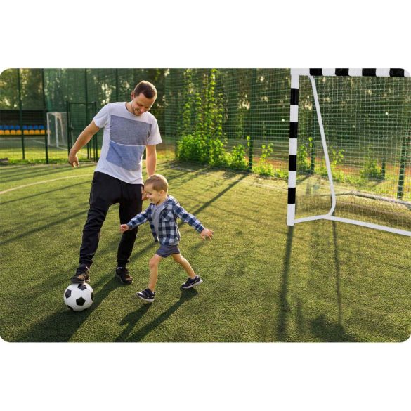 Futballkapu, Neo-Sport NS-465, 300 x 200 x 90 cm, fekete-fehér, fehér PE háló, fém váz, időjárásálló, keretvédő fedéllel, szerszám nélkül összeszerelhető