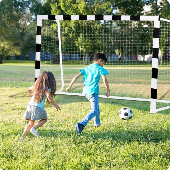 Futballkapu, Neo-Sport NS-465, 300 x 200 x 90 cm, fekete-fehér, fehér PE háló, fém váz, időjárásálló, keretvédő fedéllel, szerszám nélkül összeszerelhető