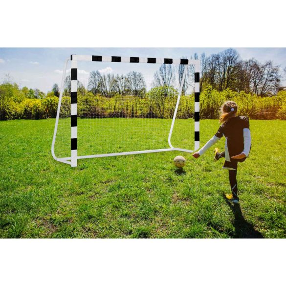 Futballkapu, Neo-Sport NS-465, 300 x 200 x 90 cm, fekete-fehér, fehér PE háló, fém váz, időjárásálló, keretvédő fedéllel, szerszám nélkül összeszerelhető