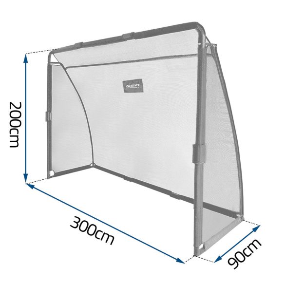 Futballkapu, Neo-Sport NS-497, 300 x 200 x 90 cm, fekete keret, fekete PE háló, fém váz, időjárásálló, keretvédő fedéllel, szerszám nélkül összeszerelhető