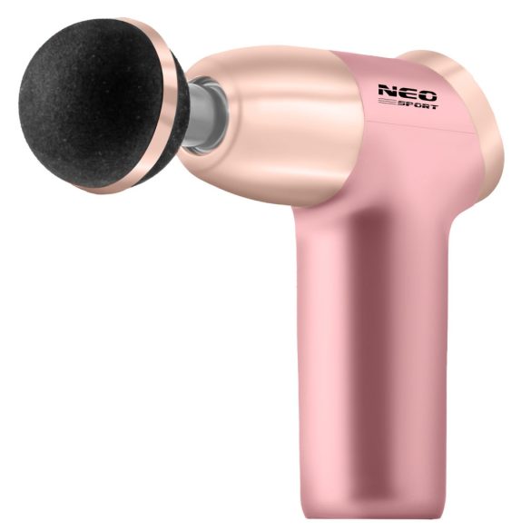 Masszírozó pisztoly, Neo-Sport, NS-500, rózsaszín, akkumulátoros, USB-C töltés, LCD kijelző, 8 cserélhető fej, szövet hordtáska