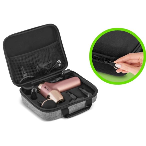 Masszírozó pisztoly, Neo-Sport, NS-500, rózsaszín, akkumulátoros, USB-C töltés, LCD kijelző, 8 cserélhető fej, szövet hordtáska