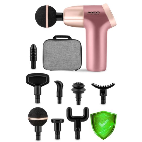 Masszírozó pisztoly, Neo-Sport, NS-500, rózsaszín, akkumulátoros, USB-C töltés, LCD kijelző, 8 cserélhető fej, szövet hordtáska