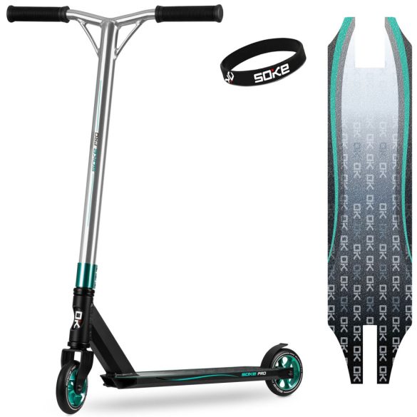 Kaszkadőr roller, SOKE PRO, türkiz, 85 cm, 11 cm 88A PU kerekek, ABEC-9 csapágy, alumínium Y kormány, HIC kompresszió, Flex Fender fék