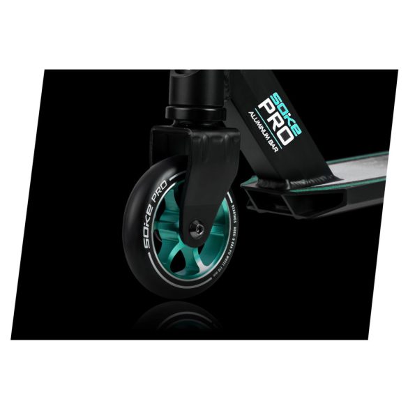 Kaszkadőr roller, SOKE PRO, türkiz, 85 cm, 11 cm 88A PU kerekek, ABEC-9 csapágy, alumínium Y kormány, HIC kompresszió, Flex Fender fék