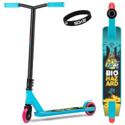   Kaszkadőr roller, SOKE GO!, türkiz, BioHazard mintás, 83 cm, 10 cm 88A PU kerekek, ABEC-9 csapágy, Y kormány, Flex Fender fék, tripla alumínium bilincs