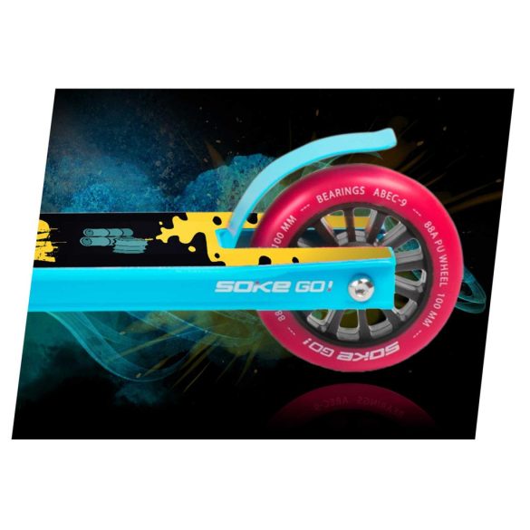 Kaszkadőr roller, SOKE GO!, türkiz, BioHazard mintás, 83 cm, 10 cm 88A PU kerekek, ABEC-9 csapágy, Y kormány, Flex Fender fék, tripla alumínium bilincs